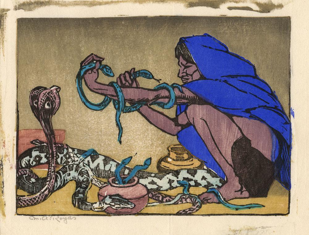 Mabel A. Royds, Snake Charmer, Color Woodcut: Title: The Snake Charmer. Artist: Mabel A. Royds (1874-1941) Medium: Woodcut printed in color, 1920-30. Edition not noted. Signed in pencil. Image size 5 1/8 x 7" (12.9 x 17.9 cm). Mabel Royds was a