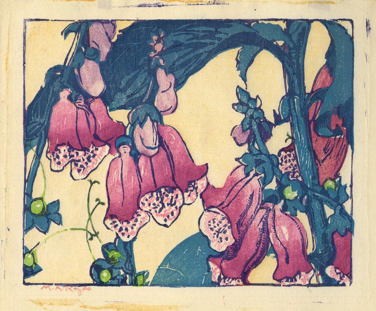 Mabel A. Royds, Foxgloves, Color Woodcut: Title: Foxgloves. Artist: Mabel A. Royds (1874-1941) Medium: Woodcut printed in color, 1935-38. Edition not noted. Signed in red pencil "M. A. Royds." Image size 6 11/16 x 8 1/4" (17 x 20.7 cm). Mab