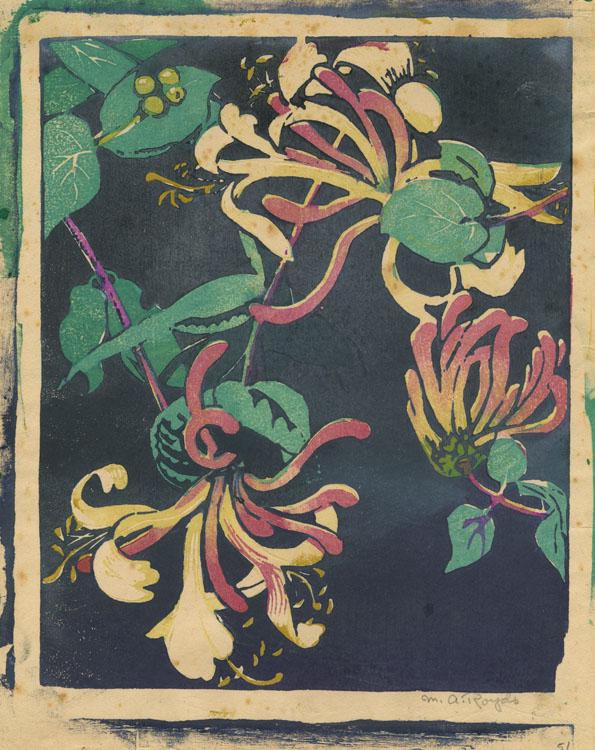 Mabel A. Royds, Honeysuckle, Color Woodcut: Title: Honeysuckle. Artist: Mabel A. Royds (1874-1941) Medium: Woodcut printed in color, 1935-38. Edition not noted. Signed in pencil. Image size 8 x 6 /12" (20.3 x 16.5 cm). Mabel Royds was a Briti