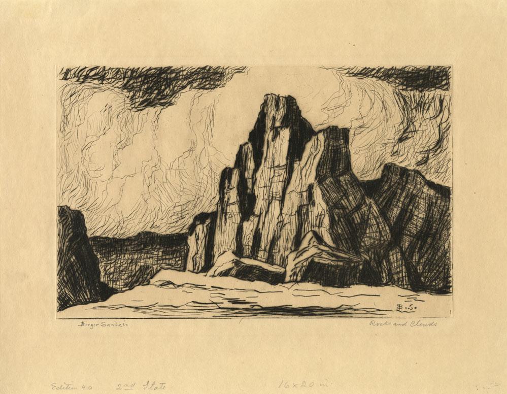 Birger Sandzen, Rocks and Clouds, Etching: Title: Rocks and Clouds. Artist: Birger Sandzen (1871-1954) Medium: Etching, c.1935. Edition 40. Signed and titled in pencil. Inscribed in lower margin "Edition 40" and "2nd state." Image size 6 15/16