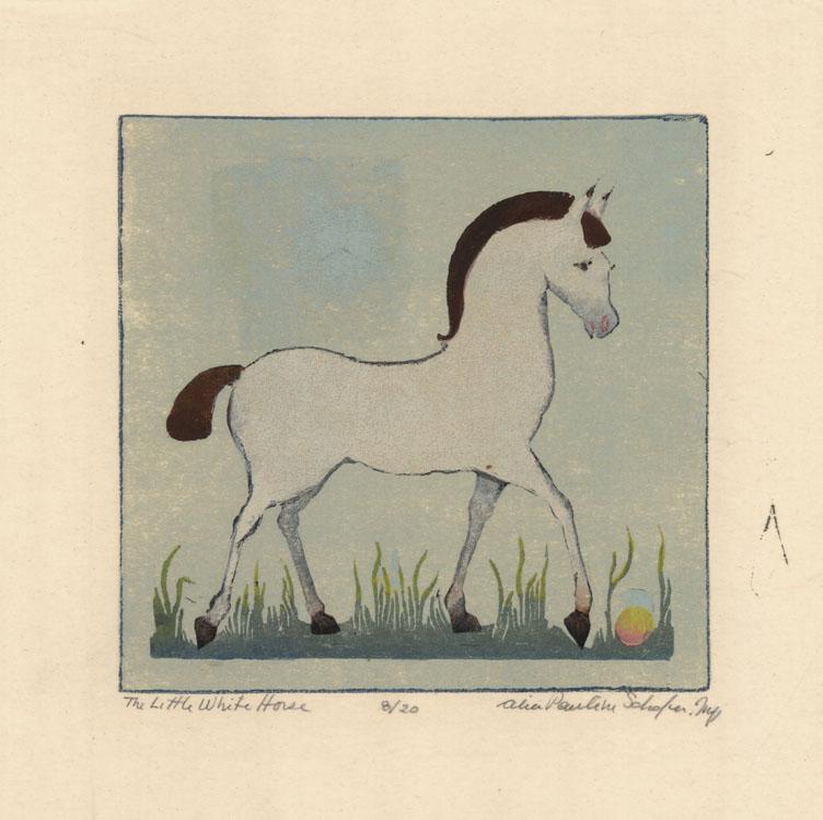 Alice P. Schafer, Little White Horse, Linocut: Title: The Little White Horse. Artist: Alice P. Schafer (1899-1980) Medium: Color linocut, undated. Edition 20. Signed, titled and inscribed "8/20" in pencil. Image size 5 15/16 x 6" (14.8 x 16 cm).