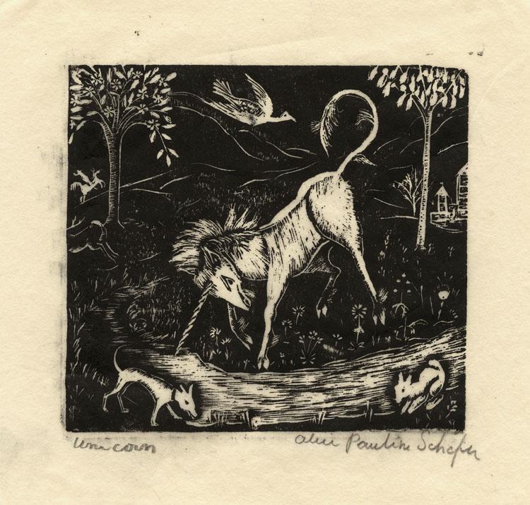 Alice P. Schafer, Unicorn, Linocut: Title: Unicorn. Artist: Alice P. Schafer (1899-1980) Medium: Linoleum cut, undated. Edition not noted. Signed and titled in pencil. Image size 2 3/4 x 3" (7 x 7.6 cm).