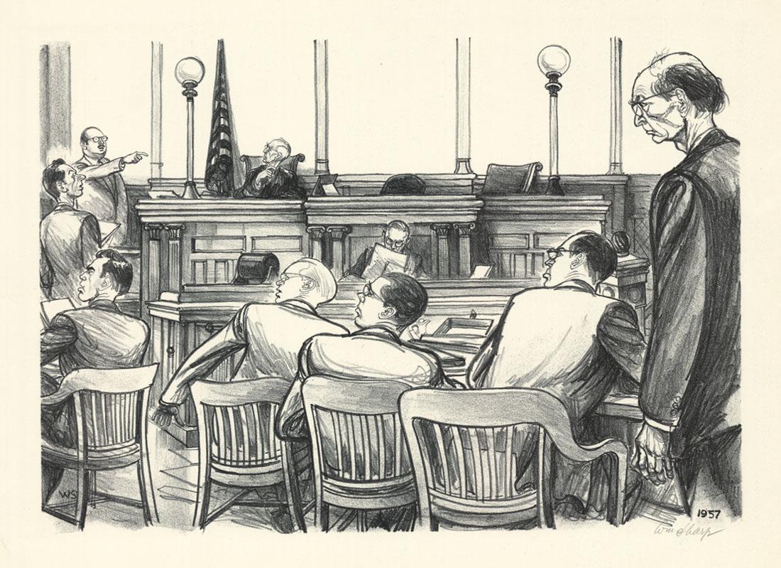 William Sharp, Abel Spy Trial, AAA lithograph: Title: The Abel Spy Trial. Artist: William Sharp (1900-1961) Medium: Lithograph, 1957. Printed 1959. Edition not noted, c. 250. Signed in pencil. Trial date in stone 1957. Published by Associated Amer