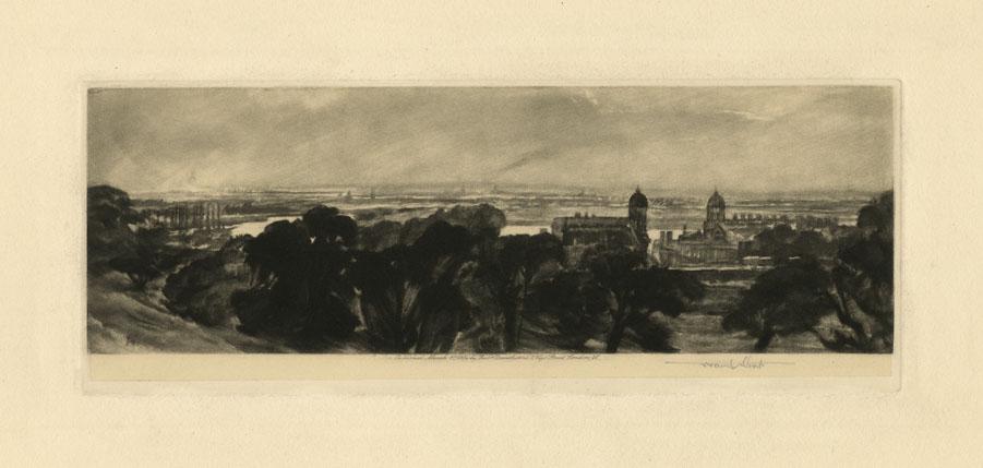 Frank Short, London from Greenwich, Mezzotint: Title: London from Greenwich. Artist: Frank Short (1857-1945) Medium: Mezzotint on chine colle, 1904. Edition not noted. Signed in pencil. Published March 1, 1904 by Robt. Dunthorne, 5, Vigo Stre