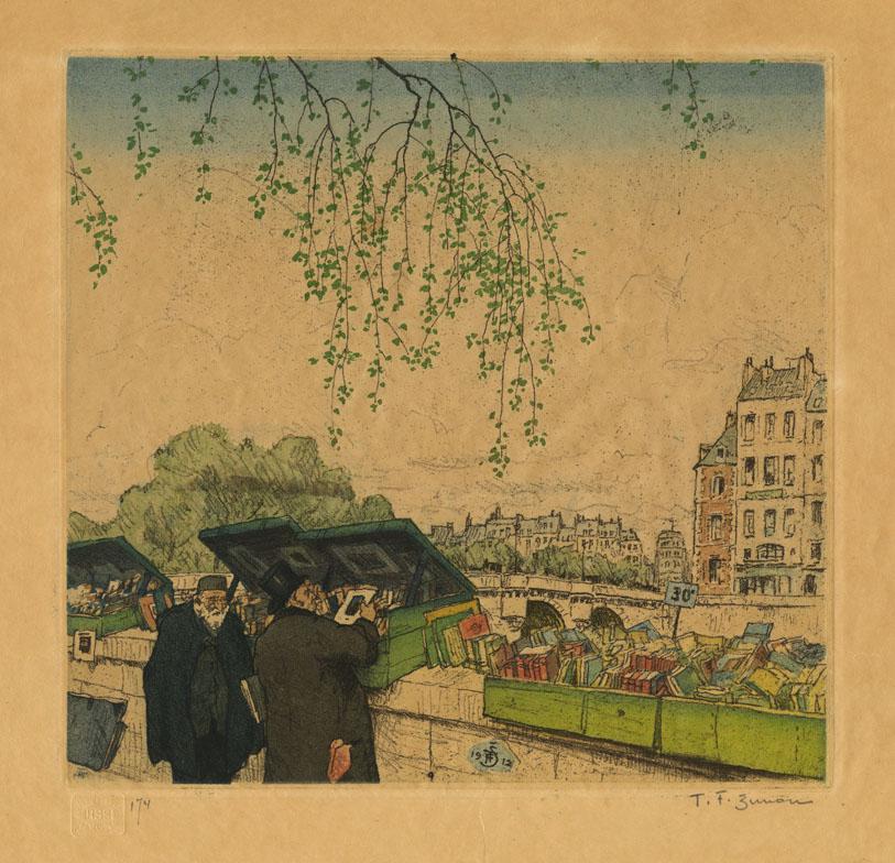T. F. Simon, Paris Booksellers, Etching: Title: Second-hand Booksellers, Spring. [Paris]. Artist: T. F. Simon (1877-1942) Medium: Color soft-ground etching and aquatint, 1912. Edition 200. Signed in pencil, inscribed "174." Image size 9