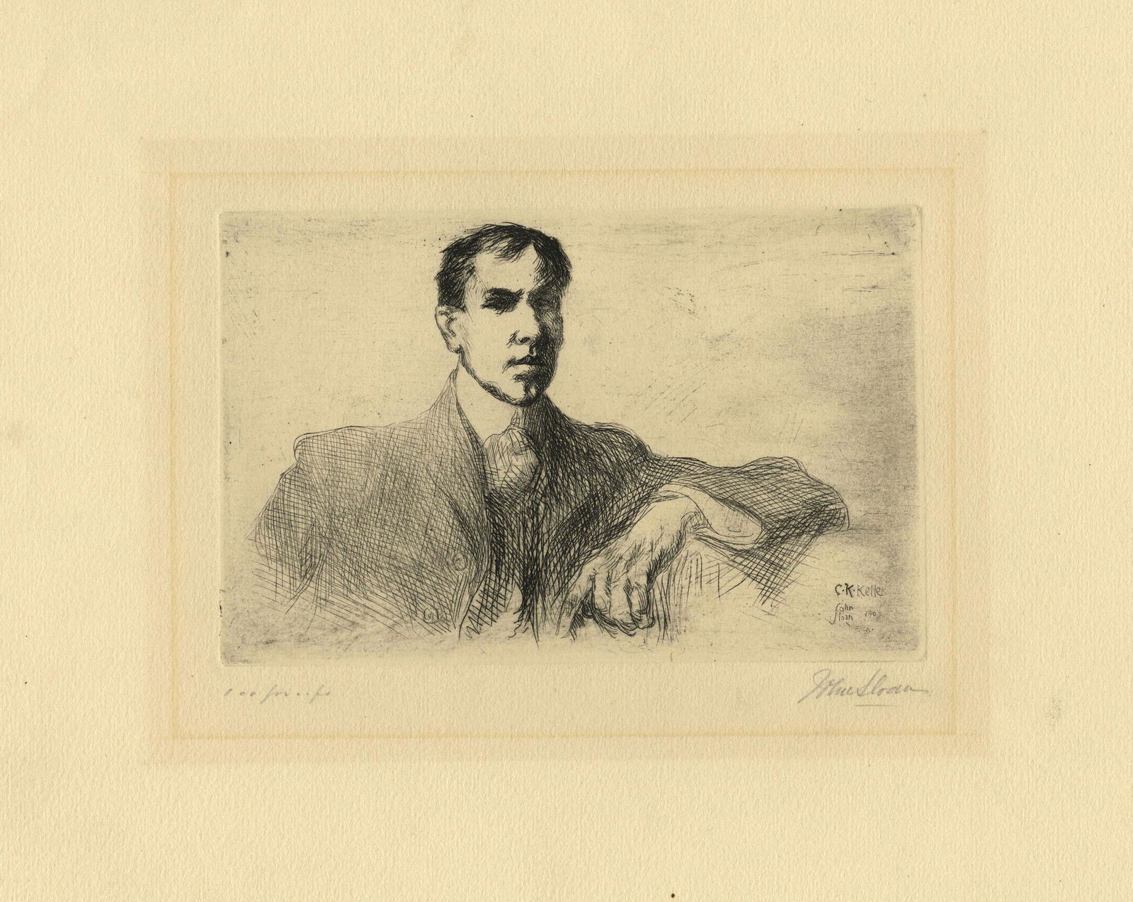 John Sloan, C. K. Keller, Etching: Title: C. K. Keller. Artist: John Sloan (1871-1951) Medium: Etching, 1903. Edition 100, printing 20. Signed in pencil, inscribed "100 proofs." Image size 3 1/4 x 5" (8.2 x 12.7 cm). #81 in "John S