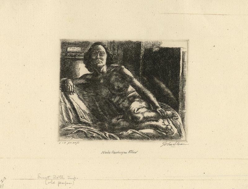 John Sloan, Nude Resting on Elbow, Etching: Title: Nude Resting on Elbow. Artist: John Sloan (1871-1951) Medium: Etching, 1931. Edition 100. Signed and titled in pencil, inscribed "100 Proofs." Image size 3 3/8 x 4 7/8" (10 x 12.4 cm). #256