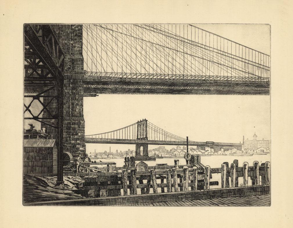 George Stimmel, Brooklyn and Manhattan Bridges: Title: Brooklyn and Manhattan Bridges. Artist: George Stimmel (1880-1964) Medium: Etching, c.1940. Edition not noted. Unsigned. Image size 8 3/4 x 11 7/8" (22.2 x 30 cm). George Stimmel was an Ame