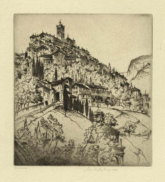 John Taylor Arms, Il Sacro Monte, Varese, Etching: Title: Il Sacro Monte, Varese; also called Varese. John Taylor Arms (1887-1953) Etching, 1927. Signed and dated in pencil. Inscribed "Personal Proof." Printed on antique laid paper. Fletcher notes