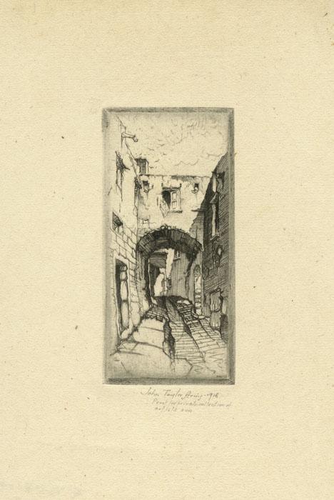 John Taylor Arms, Street in Borgio, Etching: Title: Street in Borgio. John Taylor Arms (1887-1953) Etching, 1926. Signed and dated in pencil. Inscribed "Proof for private collection of artist's son." Fletcher notes Edition 100. Image size 3 1