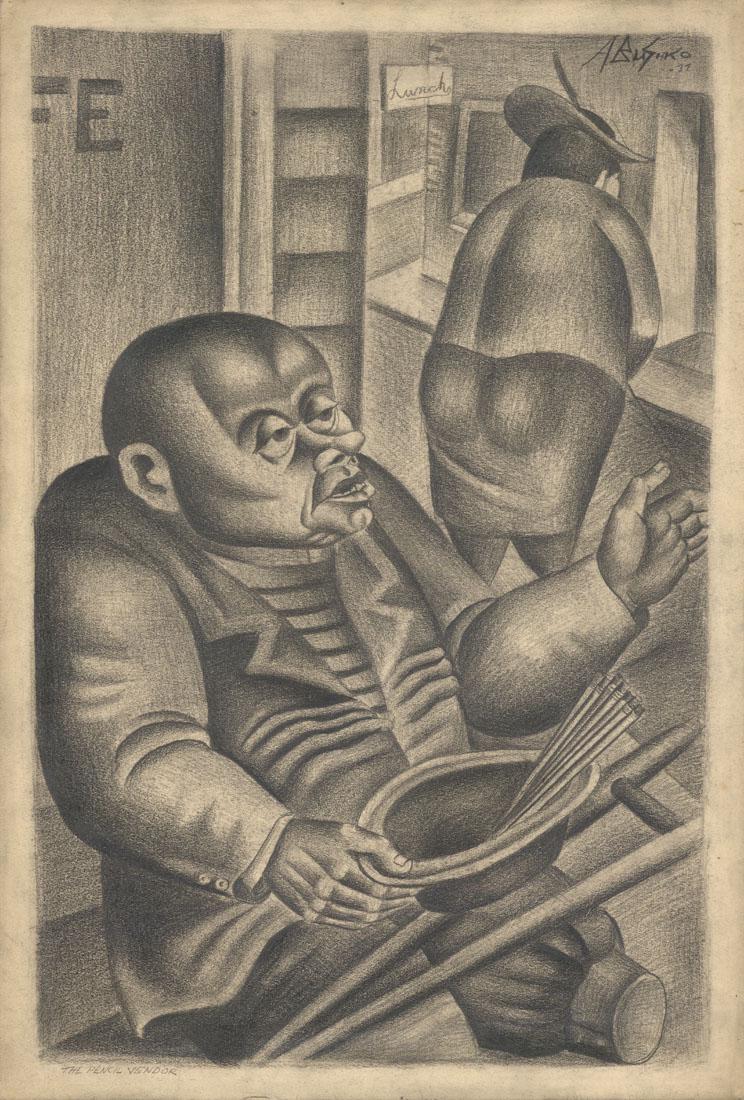 Abe Blashko, The Pencil Vendor, Graphite Drawing: Title: The Pencil Vendor. Abe Blashko (1920-2011) Graphite drawing, 1937. Signed and dated in pencil, upper right. Image size 22 3/4 x 13 3/8" (52.6 x 30.4 cm). A stunning WPA era drawing. Province