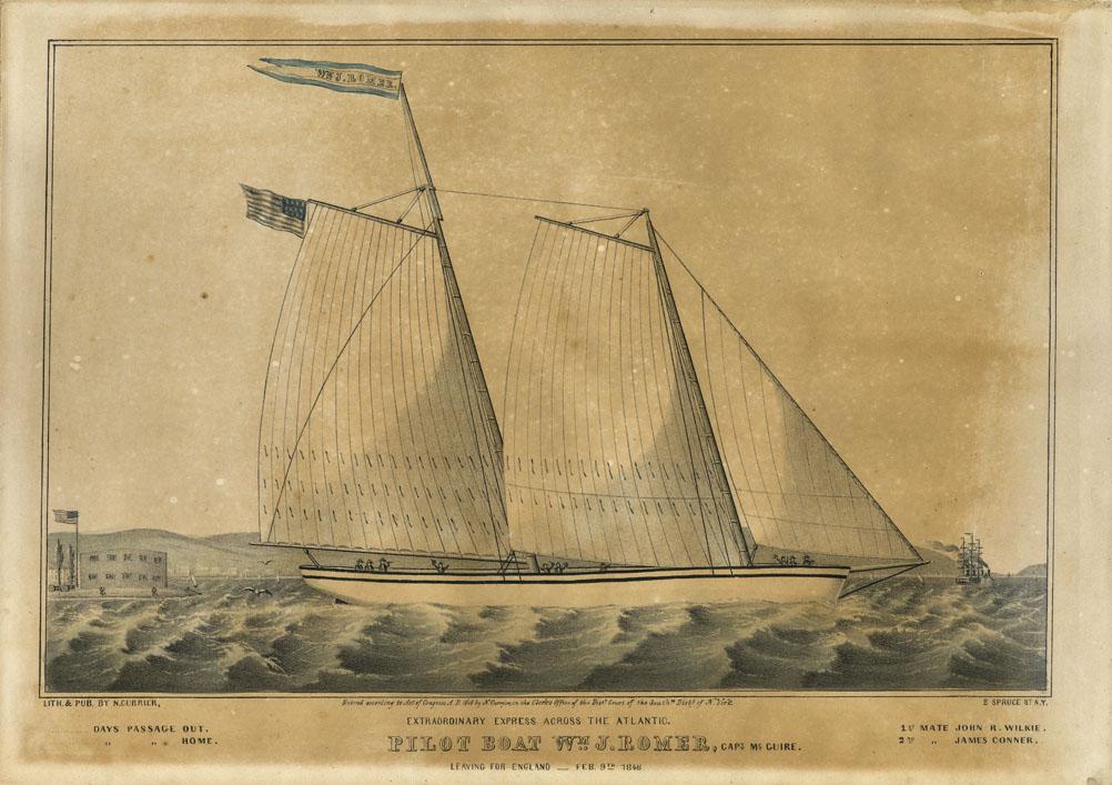 N. Currier, Pilot Boat Wm. J. Romer, Lithograph: Title: Extraordinary Express Across the Atlantic. : Pilot Boat Wm. J. Romer, Capt. McGuire. : Leaving for England - Feb. 9th 1846. : 388. [plut two colums of two lines. Lithograph handcolored, 1846. L