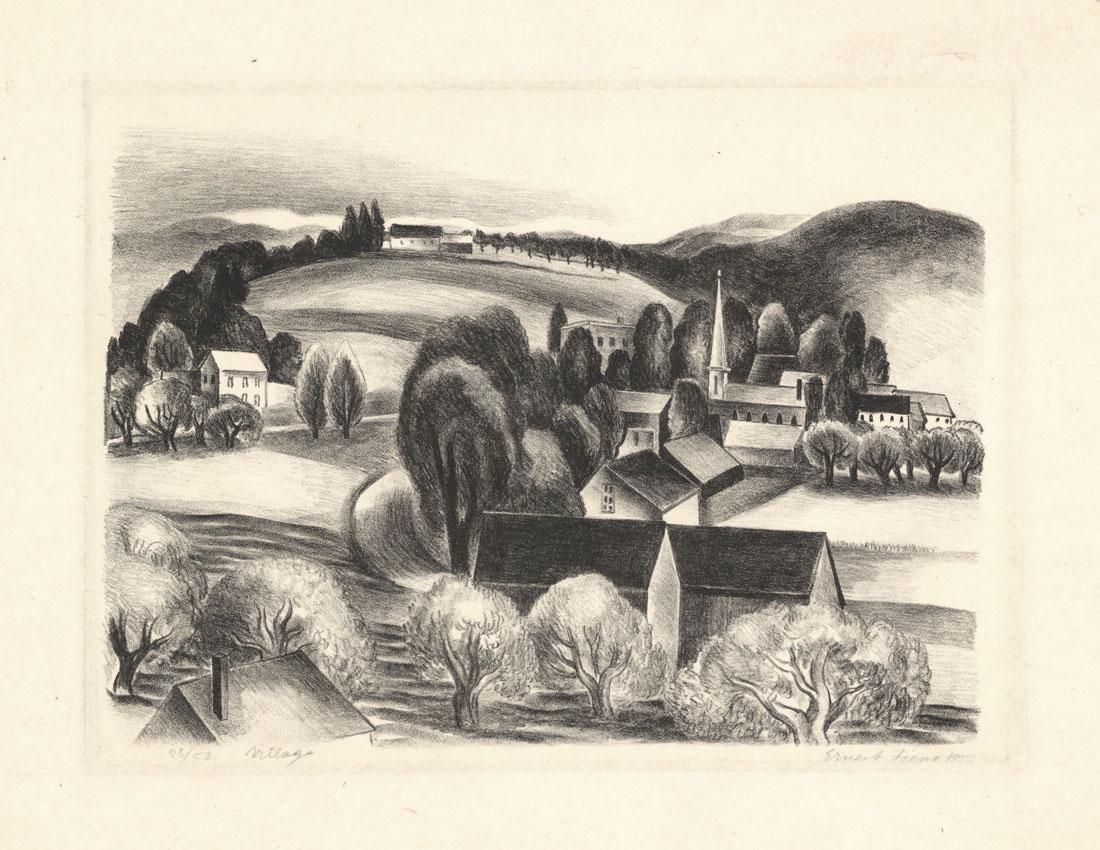 Ernest Fiene, Village, Lithograph: Title: Village. Ernest Fiene (1894-1965) Medium: Lithograph, 1927. Edition 50. Signed and titled in pencil. Inscribed "28/50." Image size 11 1/4" x 15 1/8" (28.4 x 38.4 cm). Ernest Fiene was born