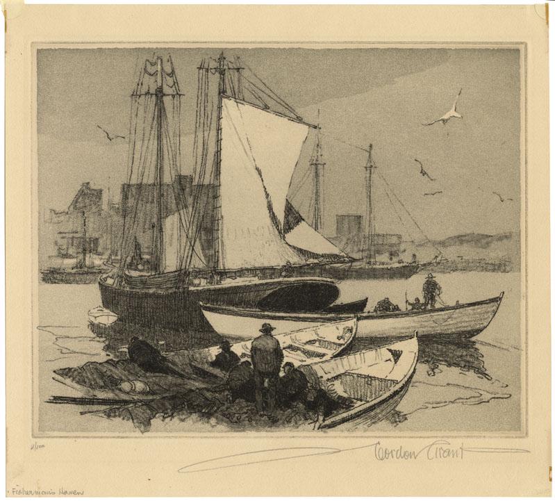 Gordon Grant, Fisherman's Haven, Etching: Title: Fisherman's Haven. Gordon H. Grant (1875-1962) Soft ground etching, c.1932. Signed in pencil Inscribed "4/100." Edition 100. Image size 7 7/8 x 9 7/8" (20 x 25.1 cm). Painter, illustrator, au