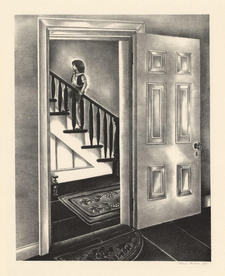 Victoria H. Huntley, Stairway, Lithograph: Title: Stairway. Victoria Hutson Huntley (1900-1971) Lithograph, 1931. Edition 100. Signed "Victoria Hutson" and dated in pencil. Image size 11 1/2 x 9 1/8" (29.2 x 23.2 cm). Victoria Hutson Huntley (