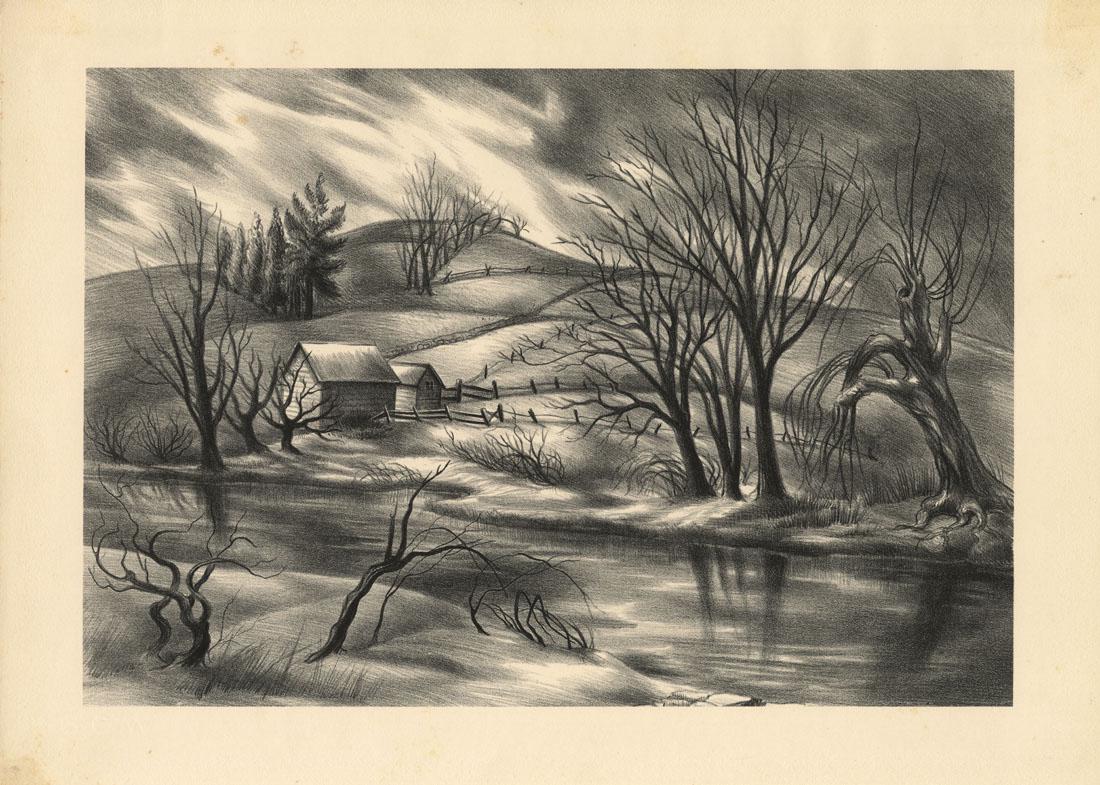 Victoria H. Huntley, March Landscape, Lithograph: Title: March Landscape. Victoria Hutson Huntley (1900-1971) Lithograph, 1937. Edition 75. Unsigned. Image size 9 3/16 x 13 3/8" (23.3 x 33.9 cm). Victoria Hutson Huntley (1900-1971) born Victoria Ebbl