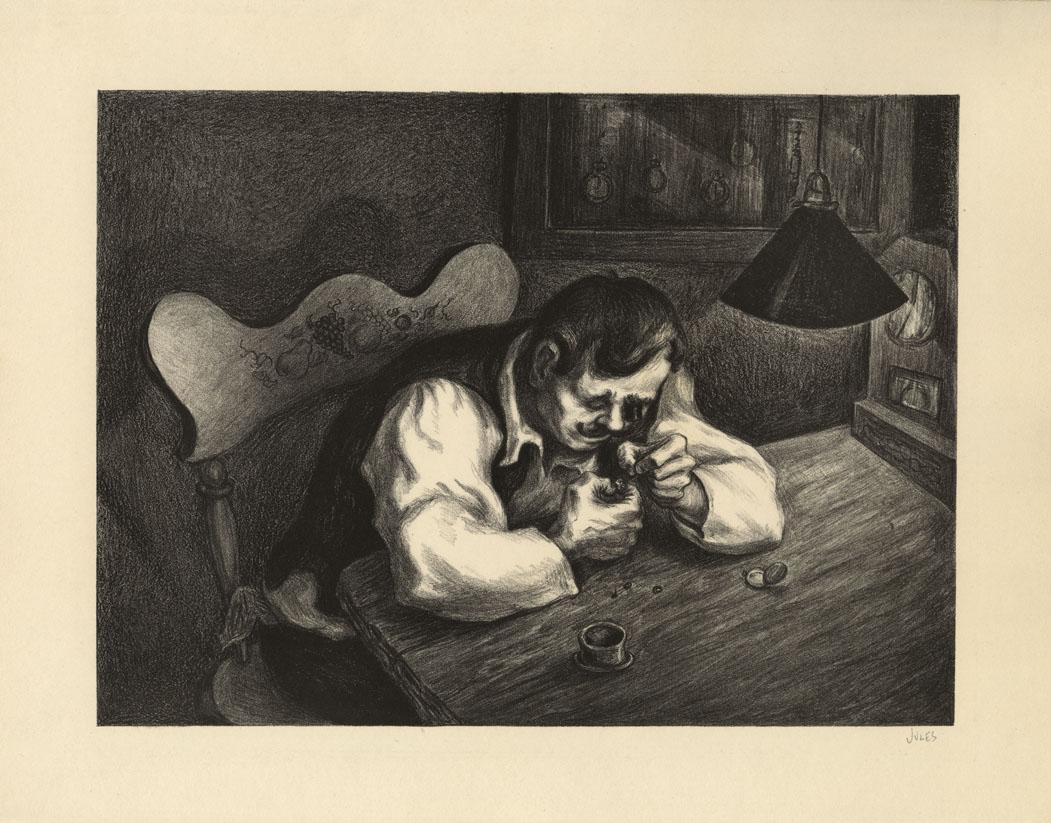 Mervin Jules , Watch Repair , Lithograph: Title: Watch Repair. Mervin Jules (1912-1994) Lithograph, 1938. Edition 250. Signed in pencil. Published by Associated American Artists. Image size 8 13/16 x 11 15/16" (22.4 x 30.3 cm). Mervin Jules
