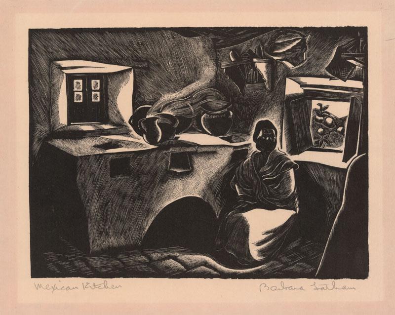 Barbara Latham, Our Mexican Kitchen, Wood eng.: Title: Our Mexican Kitchen. Barbara Latham (1896-1989) Wood engraving on pink paper, 1932-33. Signed and titled in pencil. Edition unknown but small. Image Size: 5 5/8 x 7 5/8" (14.3 x 19.4 cm). This 