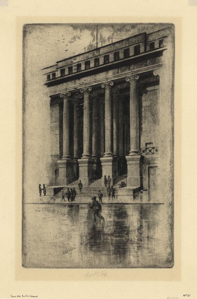 Charles F. Mielatz, Custom House-Wall St, Etching: Title: Porch Old Custom House - Wall Street. Charles Frederick William Mielatz (1864-1919) Etching, 1905. Edition unknown. Signed in pencil, inscribed "imp." Marked "No. 31" which means it is the thir