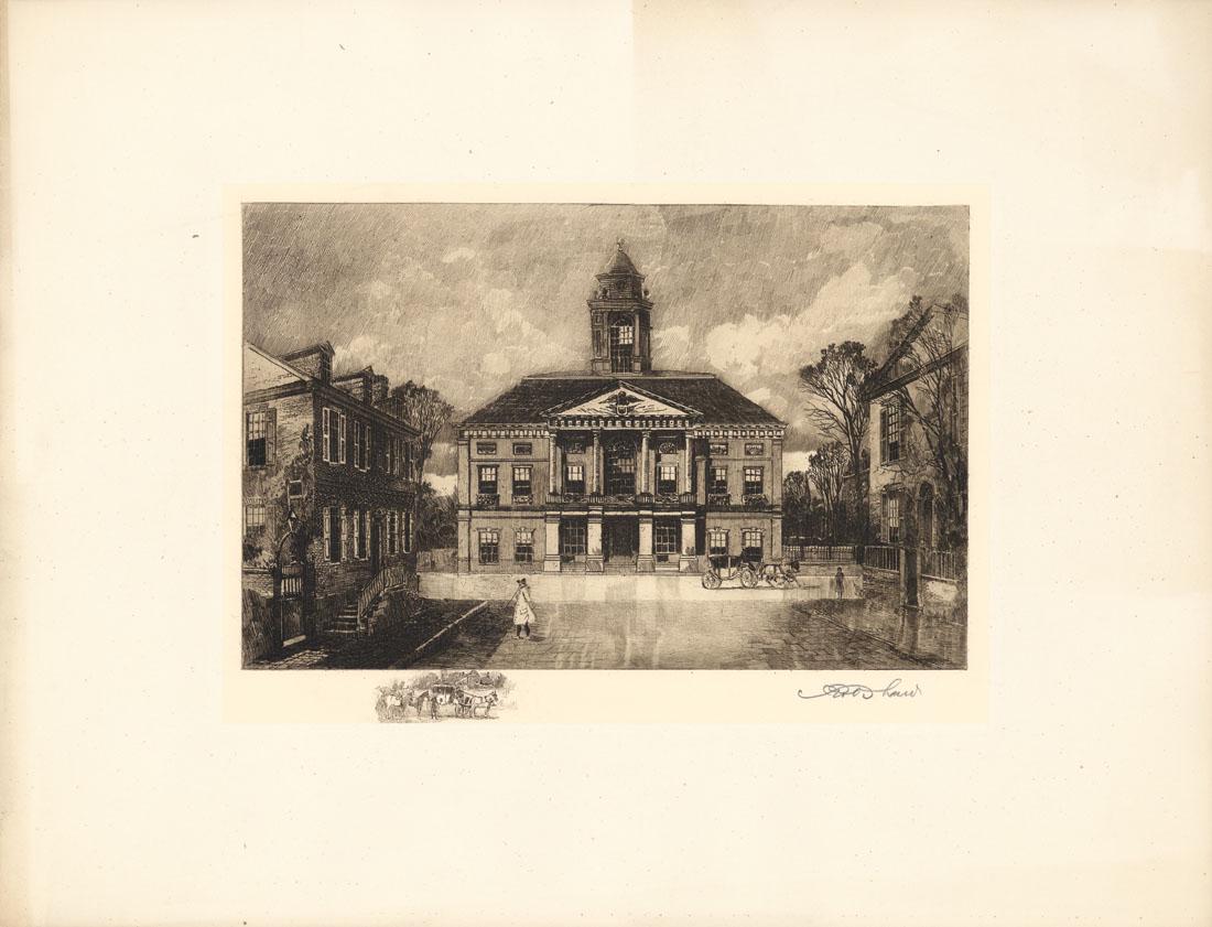 Robert Shaw, Federal Hall, NYC, Etching: Title: Federal Hall. New York, NY. (New York City). Robert Shaw (1859-1912) Etching on chine colle, 1904. Signed in pencil. Edition unknown. Published by The Colonial Society of America (United Stat