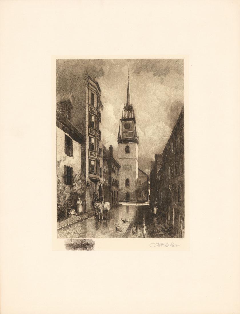 Robert Shaw, Christ Church, Boston, Etching: Title: Christ Church (Old North), Boston, Massachusetts. Robert Shaw (1859-1912) Etching on chine colle, 1904. Signed in pencil. Edition unknown. Published by The Colonial Society of America (United
