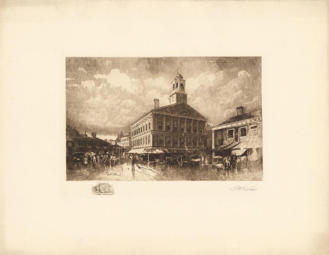 Robert Shaw, Faneuil Hall, Boston, Etching: Title: Faneuil Hall. Boston, Massachusetts. Robert Shaw (1859-1912) Etching on chine colle, 1906. Signed in pencil. Edition unknown. Published by The Colonial Society of America (United States Histo