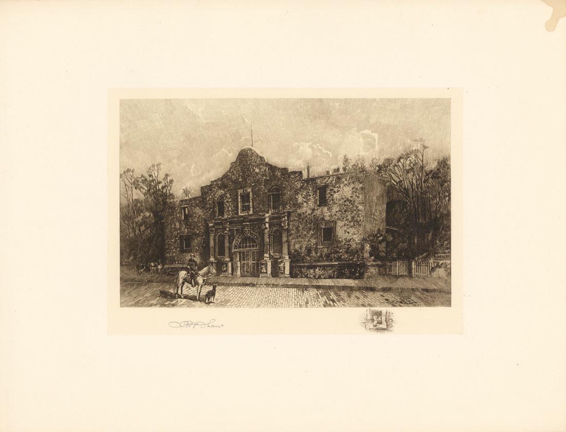 Robert Shaw, The Alamo, Texas, Etching: Title: The Alamo, San Antonio, Texas. Robert Shaw (1859-1912) Etching on chine colle, 1905. Signed in pencil. Edition unknown. Published by The Colonial Society of America (United States Historical