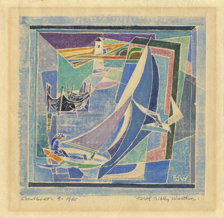 Ferol Warthen, Sailboat, White-Line Woodcut: Title: Sailboat. Ferol Sibley Warthen (1890-1986) White line woodcut, 1953, printed 1960. Signed, titled, and dated in blue ink. The artist has written on verso,"Block IX cut - 1953. Print 9 - Aug.