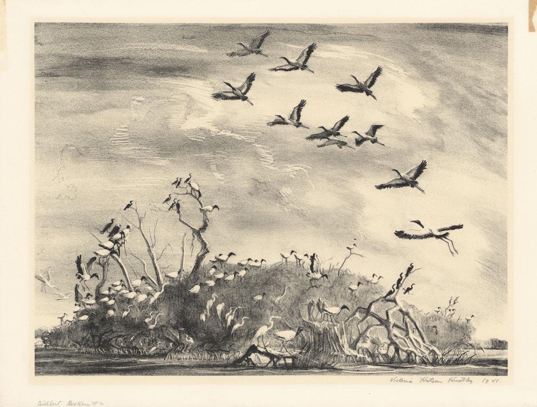 Victoria Huntley, Cuthbert Rookery 2, Lithograph: Title: Cuthbert Rookery 2. Victoria Hutson Huntley (1900-1971) Lithograph, 1948. Signed and dated in pencil. Edition 75. Image size 11 3/4 x 16 1/4" (30 x 40.2 cm). Victoria Hutson Huntley, born Victo