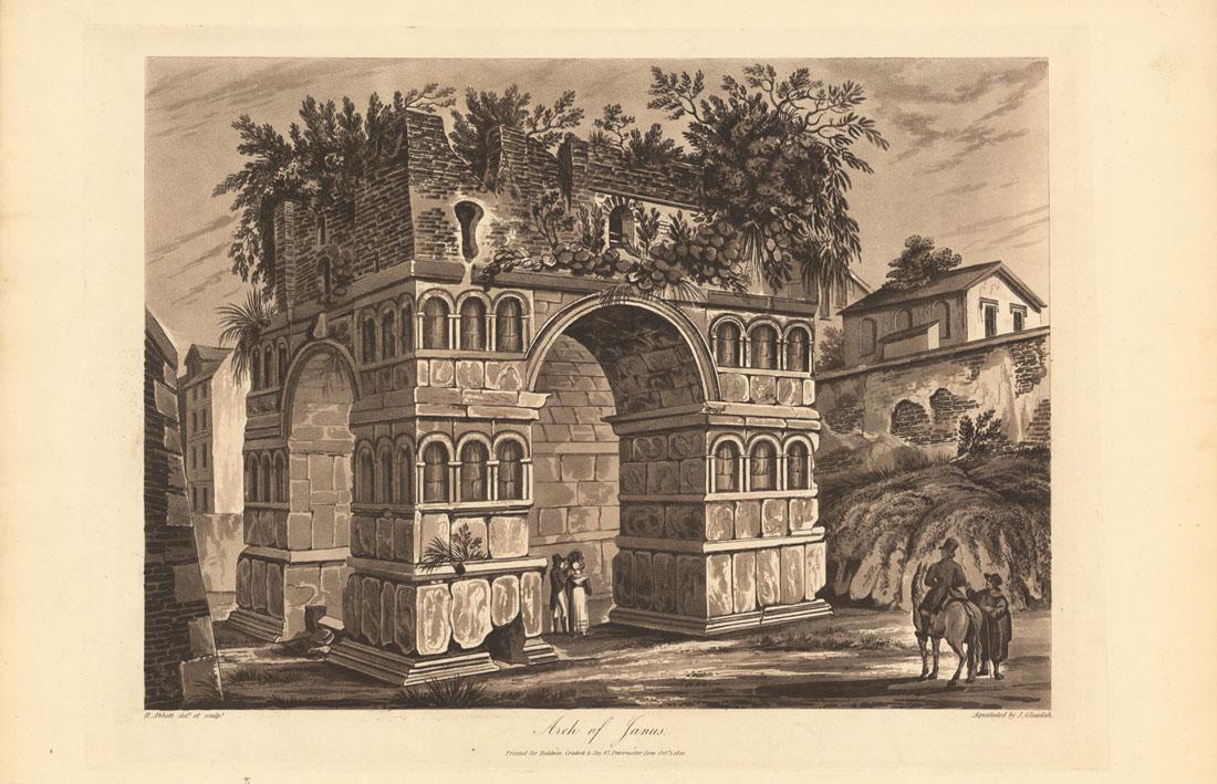 Henry Abbott, Arch of Janus, Rome, Aquatint: Title: Arch of Janus. Artist: Henry Abbott (1768-1840). Aquatinted by J. Gleadah. Aquatint and engraving in sepia, 1820. From Henry Abbott's "Antiquities of Rome." Includes the original info sheet abo