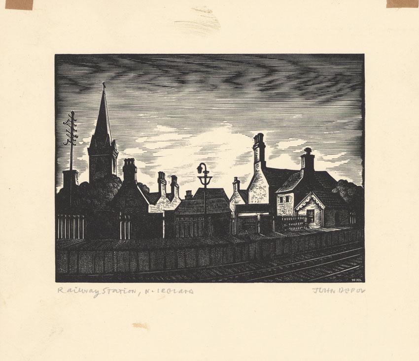 John de Pol, Railway Station, N. Ireland: Title: Railway Station, N. Ireland. Artist: John De Pol (1913-2004). Wood engraving, 1977. Edition not noted. Signed and titled in pencil. From the "Another Ireland" portfolio. Image size 4 x 5 7/16" 