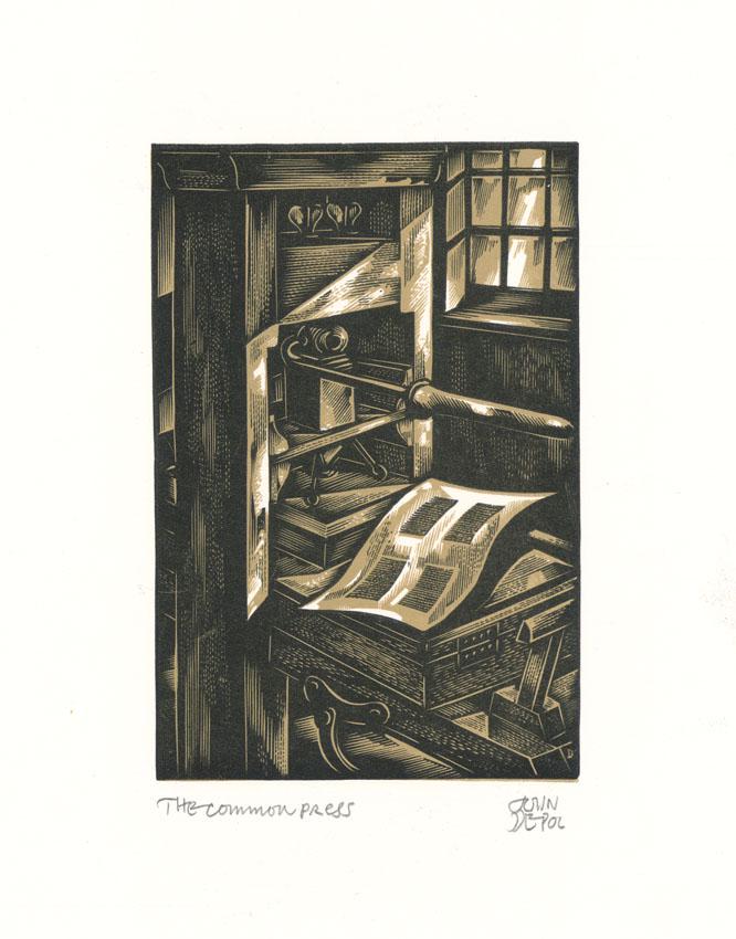 John de Pol, The Common Press, Wood Engraving: Title: The Common Press. Artist: John De Pol (1913-2004). Wood engraving, 1982. Edition 150. Signed and titled in pencil. Inscribed "Ed 150/1982" in the outer margin. Image size 4 5/8 x 3 1/16" (11.7 