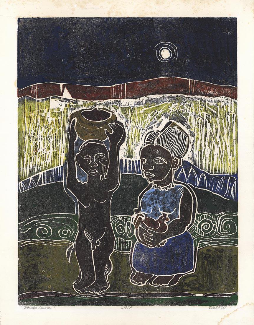 David Driskell, Yoruba Scene, Woodcut: Title: Yoruba Scene. Artist: David Driskell (b.1931)Color woodcut, undated. Edition not noted.Signed and titled in pencil. Inscribed "A/P."Image size 21 1/8 x 16 1/4" (53.5 x 40.9 cm). David Driskell