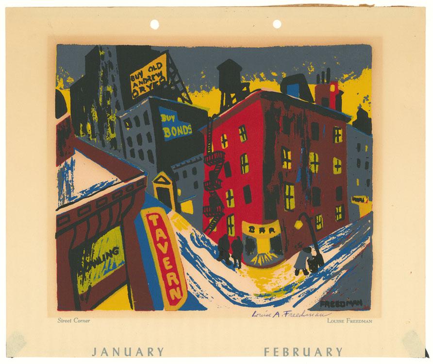 Louise A. Freedman, Street Corner, Silkscreen: Title: Street Corner.Artist: Louise A. Freedman (1915-2001).Silk screen, undated.Signed in pen. From a calendar, "January" and "February" is printed along the bottom paper edge. Image size 7 5/8 x 9"