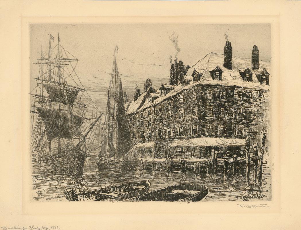 F. Leo Hunter, Burling Slip, Etching: Title: Burling Slip, N.Y.Artist: Frederick Leo Hunter (1858-1943).Etching, 1881. Edition unknown. Signed pencil. Image size 8 5/8 x 11 7/8" (21.8 x 29.8 cm).Frederick Leo Hunter is best known for his