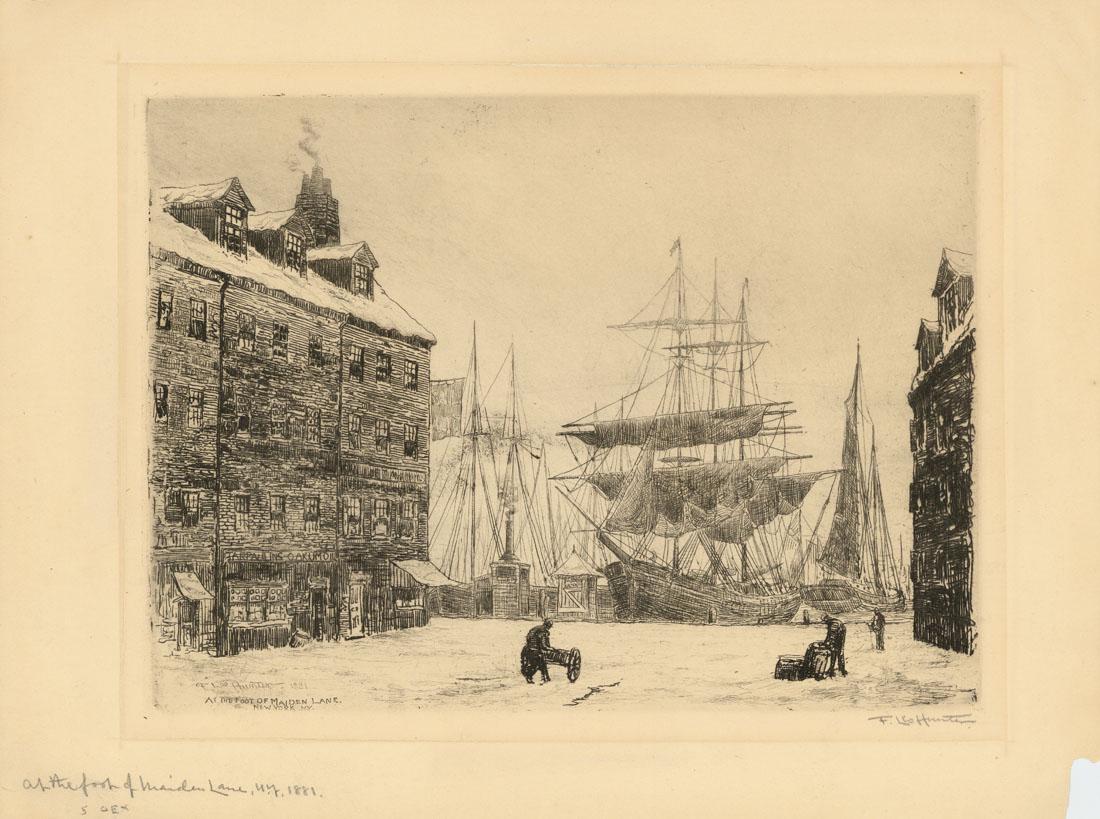F. Leo Hunter, Maiden Lane, Etching: Title: At The Foot of Maiden Lane, New York.Artist: Frederick Leo Hunter (1858-1943).Etching, 1881. Edition unknown. Signed pencil. Image size 8 3/4 x 11 3/4" (22.2 x 29.8 cm). Frederick Leo Hunter is