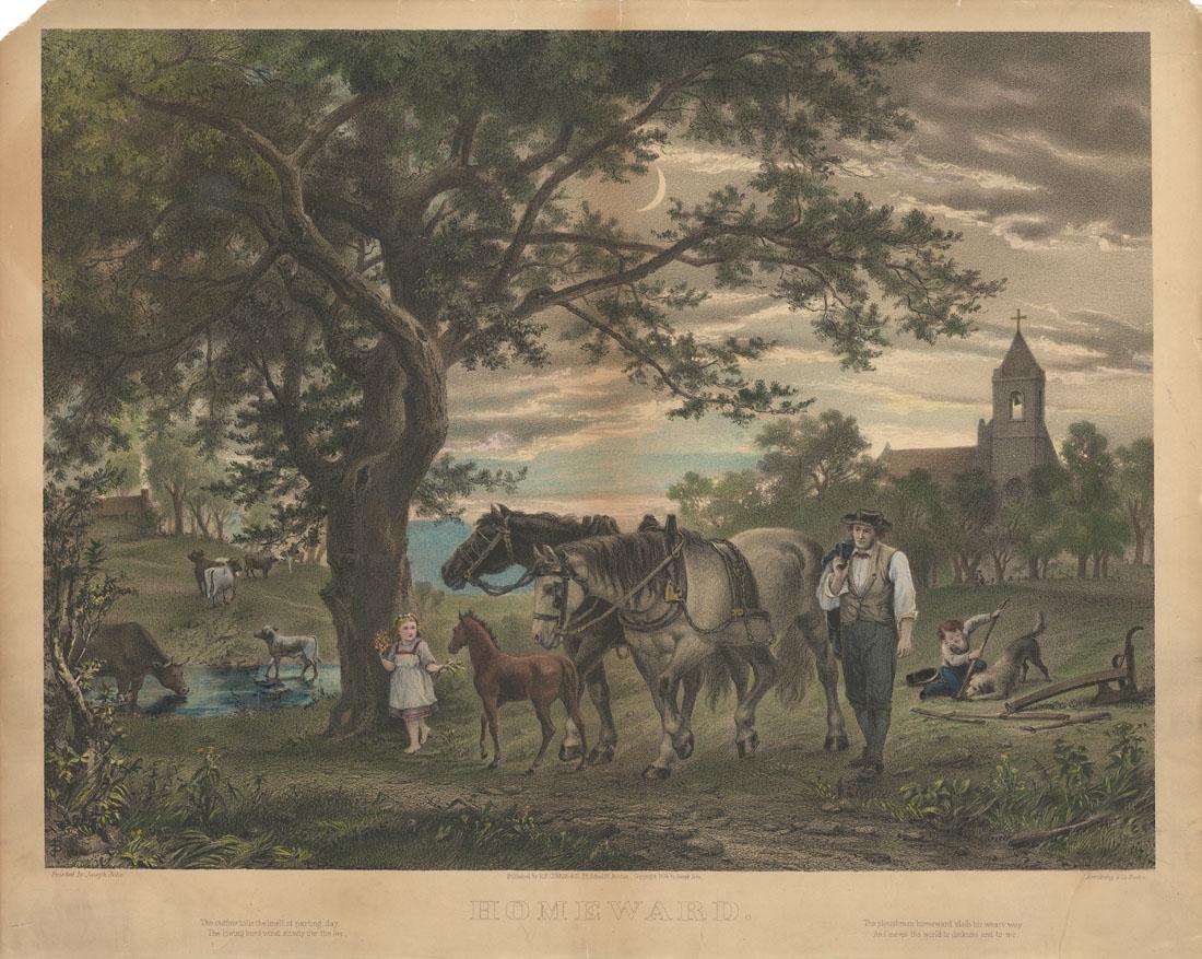 Joseph John, Homeward, Lithograph: Title: Homeward. Artist: Joseph John (c.1833-1877) Lithograph, hand colored, 1874. Published by R.H. Curran & Co, 28 School St. Boston. Copyright 1874 by Joseph John. Lithographed by Armstrong & Co., 