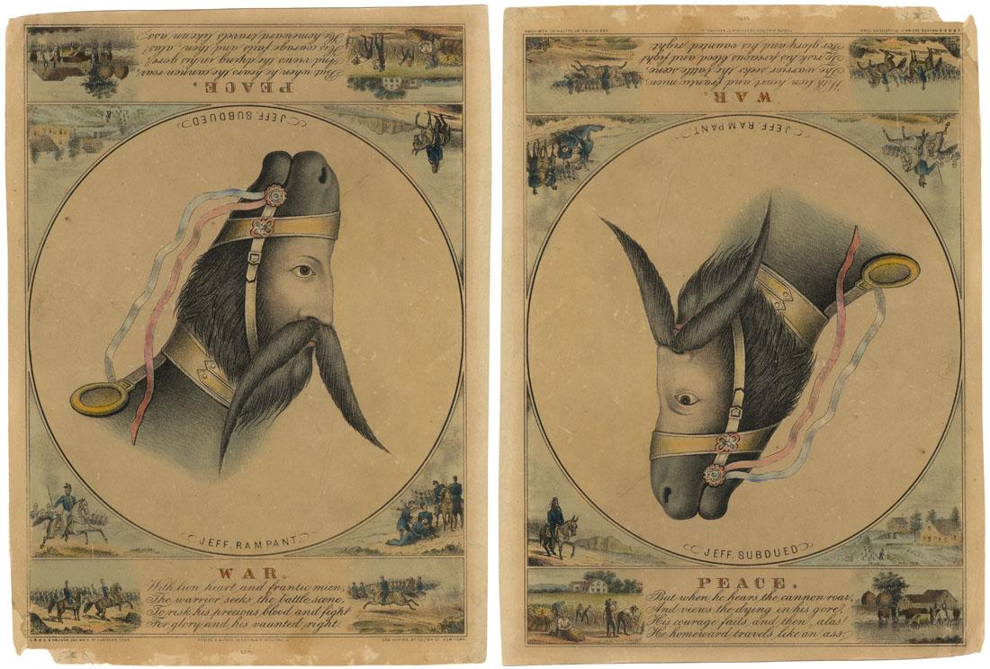 Kellogg, Jefferson Davis - War & Peace, Litho: Title: Jeff Rampant - War. Jeff Subdued - Peace. Published by E.B. & E.C. Kellogg, Hartford, Ct. and Geo. Whiting, NY. Lithograph handcolored, undated, c.1863. Printing size unknown. Small folio - ima