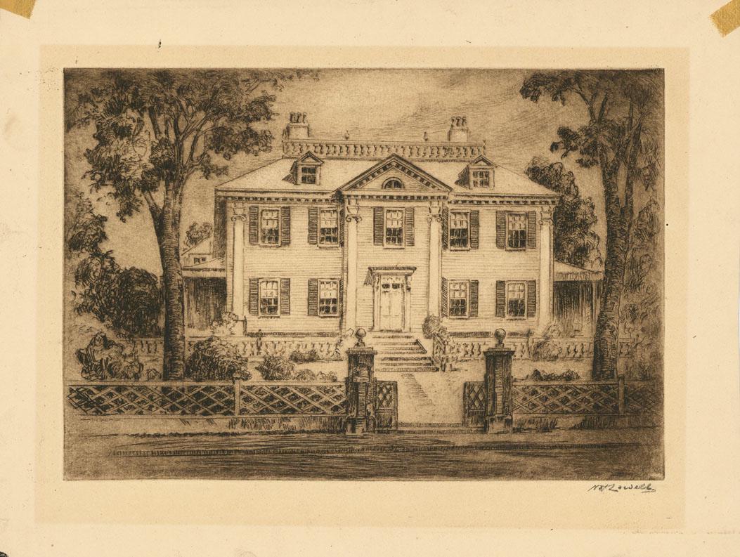 Nat Lowell, Massachusetts House, Etching: Title: Massachusetts House. Artist: Nat Lowell (1880-1956). Medium: Etching, c.1930. Edition 250. Published by Associated American Artists. Signed in black pencil. Image size 8 1/8 x 11 13/16" (20.5