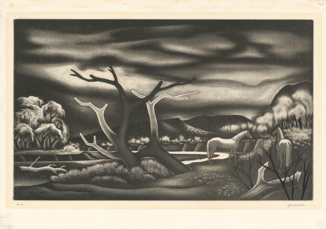 J. Jay McVicker, Along the Cimarron, Aquatint: Title: Along the Cimarron.Artist: J. Jay McVicker (1920-2001) Aquatint and line etching, 1947.Edition 50. Signed and inscribed "Ed. 50" in pencil. Image size 10 1/8 x 16 3/4" (25.8 x 42.6 cm).J. Jay