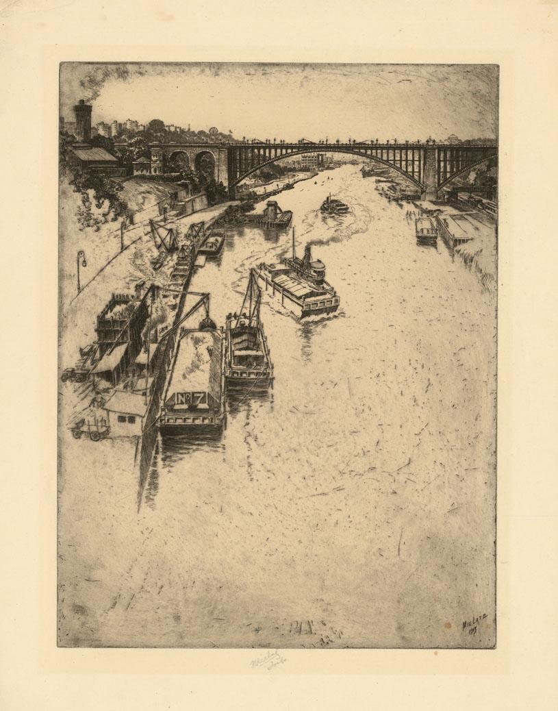 Charles Mielatz, Speedway-Harlem River, Etching: Title: Speedway-Harlem River. Artist: Charles Frederick William Mielatz (1864-1919) Etching, 1913. Edition unknown. Signed in pencil, inscribed "imp." Image size 11 15/16 x 8 7/8" (30.1 x 22.6 cm). Hi