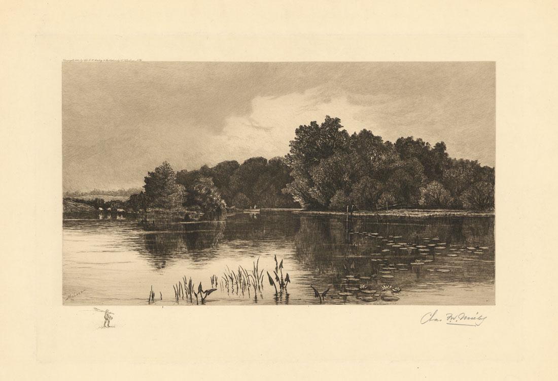 Charles Mielatz, Untitled Lake Scene, Etching: Title: Untitled. Artist: Charles Frederick William Mielatz (1864-1919) Etching, 1888. Edition unknown. Signed in pencil with Mielatz's pre-1900 signature. Signed in plate lower left "Mielatz 88." Klac