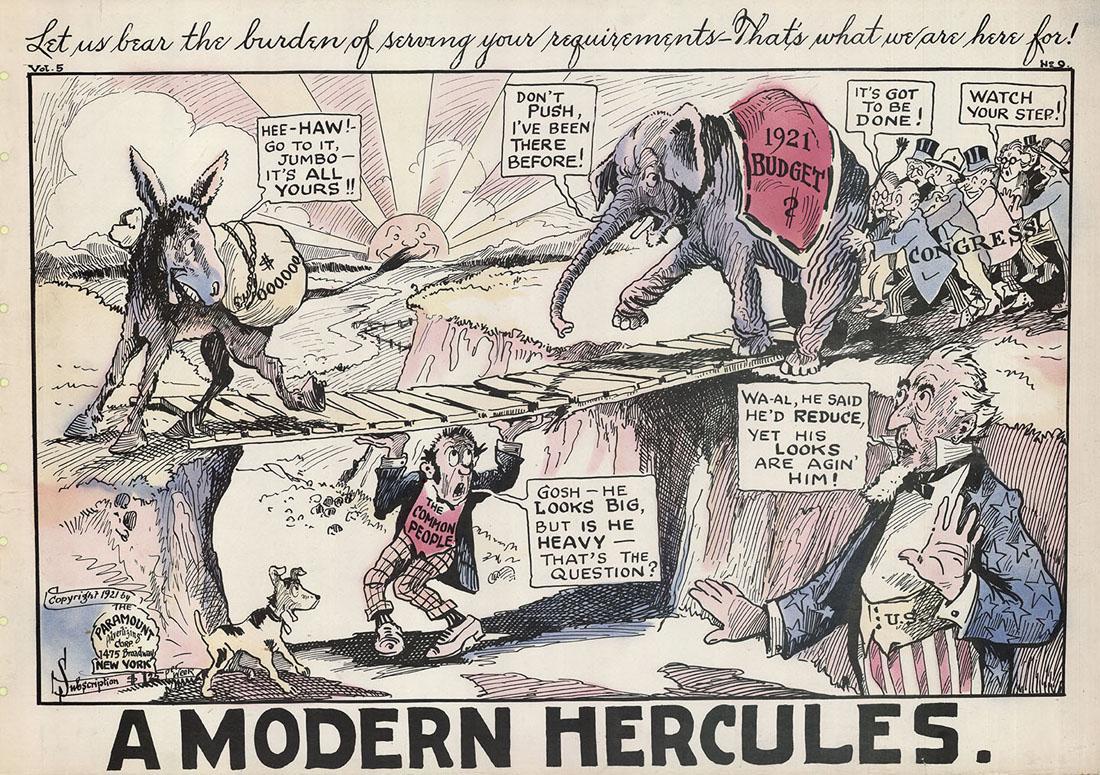 1921 Political Cartoon - A Modern Hercules: Title: A Modern Hercules. : Let us bear the burden of serving your requirements - That's what we are here for! Medium: Handcolored photo offset, 1921. James Cartoons. New Process Electro Corporation, 