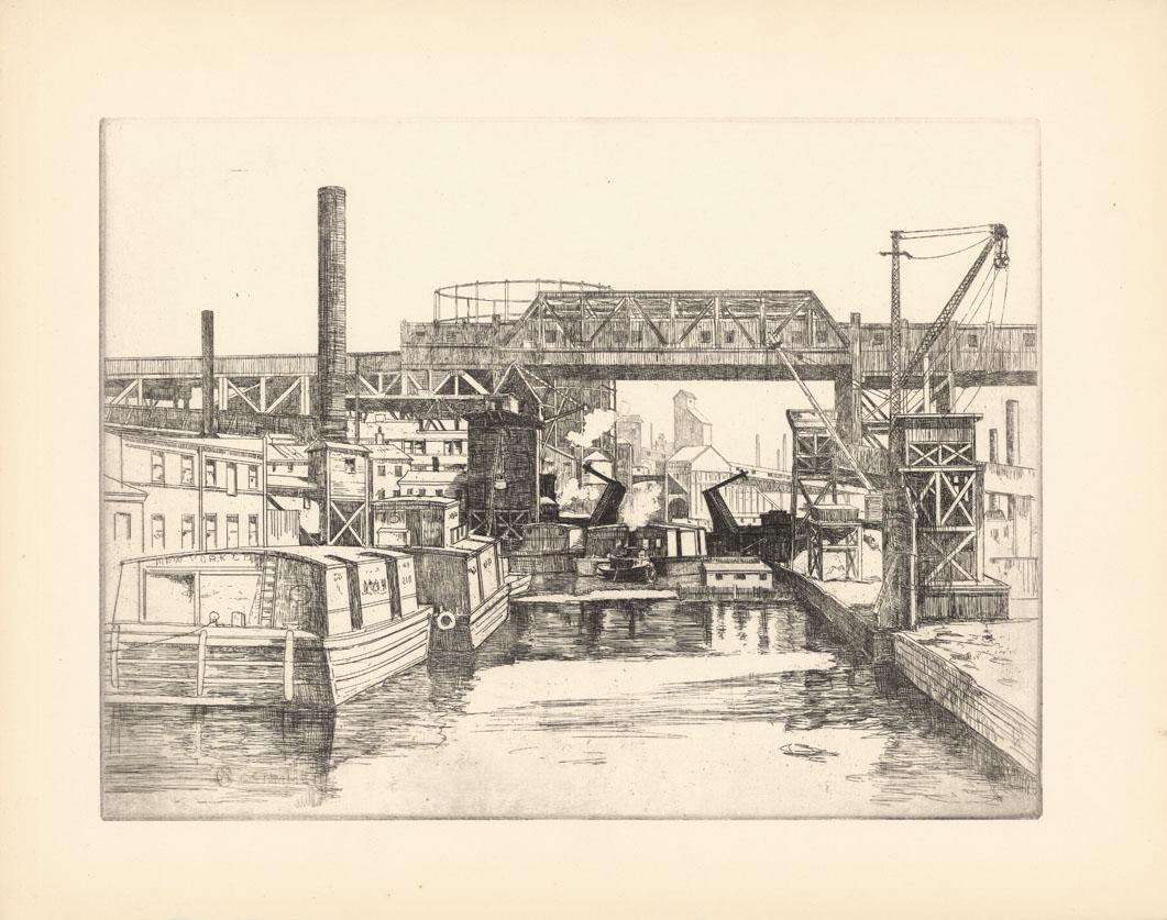 George Stimmel, Gowanus Creek & Subway, Etching: Title: Gowanus Creek & 8th Ave Subway.Artist: George Stimmel (1880-1964) Medium: Etching, undated. c.1940. Edition not noted. Unsigned. Only signed within the plate. Image size 8 7/8 x 11 7/8" (22.3