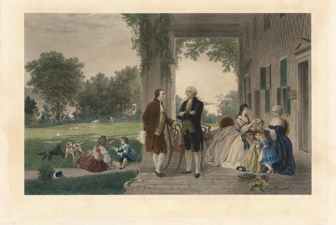 Washington & Lafayette at Mount Vernon, Engraving: Title: Washington and Lafayette at Mount Vernon, or Palmy Days. (Proof before title). Painted by Thomas Prichard Rossiter (1818-1871) & Louis Remy Mignot. (1831-1870) Engraved by Thomas Oldham Barlow 