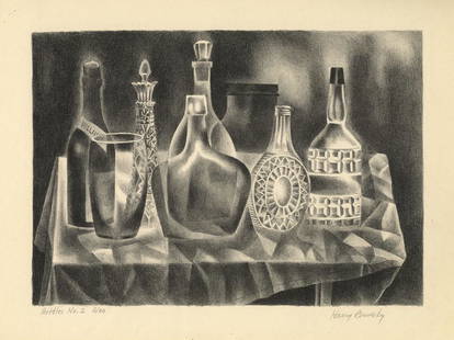 Harry Brodsky, Bottles #2, Lithograph: Title: Bottles #2. Artist: Harry Brodsky (1908-1997)Lithograph, undated.Edition 20. Signed and titled in pencil. Inscribed "6/20." Image size 9 1/4 x 13 1/4" (23.6 x 33.5 cm). Harry Brodsky