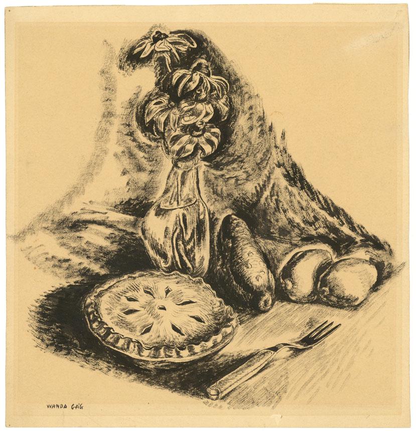 Wanda Gag, Pie and Flowers, Drybrush Drawing (1 of 2)