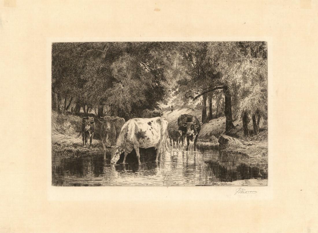 Peter Moran, The Pool, Etching: Title: The Pool.Artist: Peter Moran (1841-1914) Medium: Etching, undated. Edition not noted. Signed in pencil. Image size 7 7/8 x 11 7/8" (20.1 x 30 cm). Peter Moran was a painter and etcher, born in