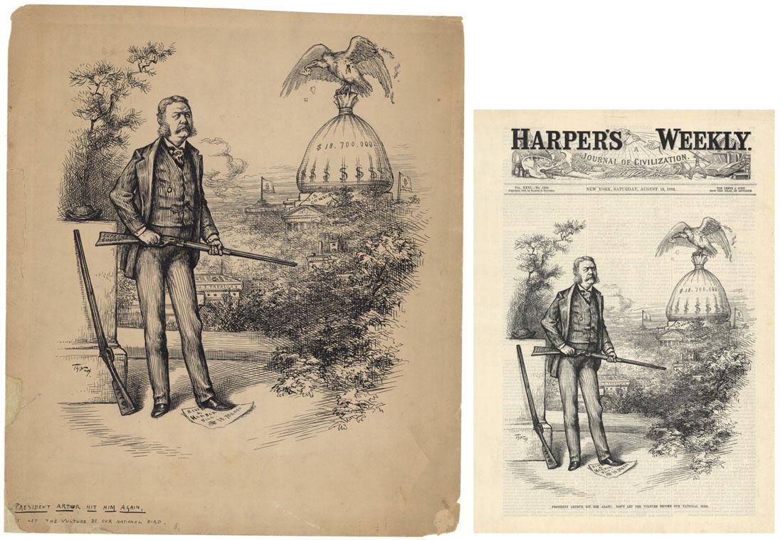 Thomas Nast, Drawing and Print, President Arthur: Title: President Arthur Hit Him Again. Don't Let The Vulture Be Our National Bird. [Pair & Drawing and print] Artist: Thomas Nast (1840-1902). Pen and ink drawing and a wood engraving, 1882.The drawi