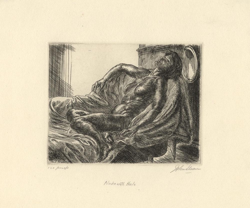 John Sloan, Nude with Halo, Etching: Title: Nude with Halo.Artist: John Sloan (1871-1951) Etching, 1931. Edition 100, printing 45. Signed and titled in pencil, inscribed "100 proofs." JS imp (this impression printed by John Sloan). Im